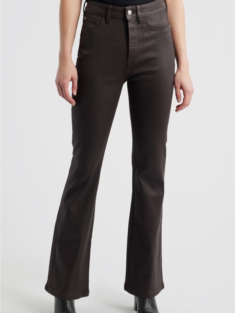 Warp + Weft High-Rise Coated Flare Jeans in Dark Brown